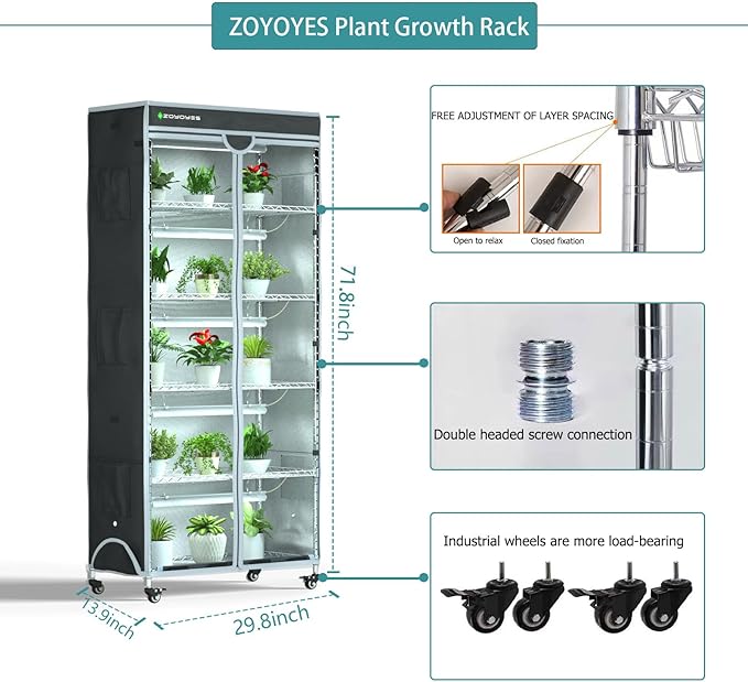 Indoor Greenhouse 6-Tier Plant Rack with Cover 5 T8 Grow Lights Thermometer &amp Timer – Seedlings Flowering Herbs &amp Vegetables Indoor Gardening Easy Assembly 30 W x 14 D x 72 H