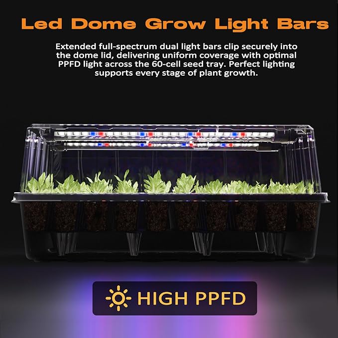 60-Cell Self-Watering Seed Starter Tray with Grow Light Seed Starter Kit with 4.07” Humidity Dome Indoor Seedling Starter Tray Seed Starting Trays for Plant Germination Seeds Growing