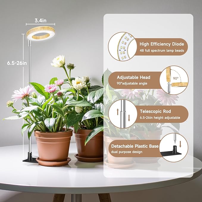 Kullinss Grow Light 48 LEDs Full Spectrum Plant Lights for Indoor Growing with Base Wood Grain Small Plant Growing Lamp with 6/12/16H Timer 3 Color Modes 5 Brightness 6.5-26 Height Adjustable