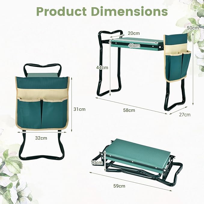 TANGZON Foldable Garden Kneeler and Seat 2-In-1 Gardening Stool with Thickened EVA Foam Pad Detachable Tool Pouch &amp Handles Portable Gardener Bench for Seniors (1 Green+Beige Tool Pouch)