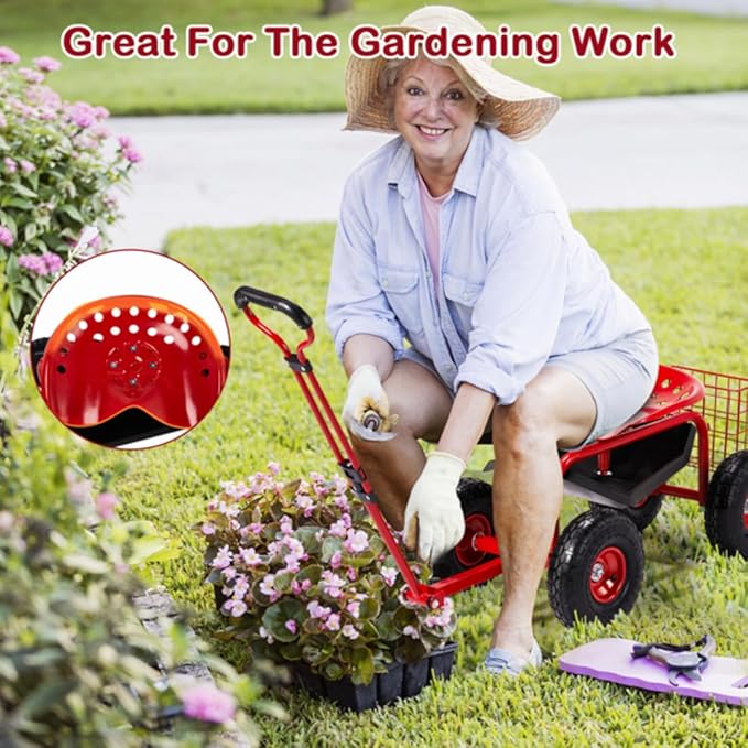 Rolling Garden Cart with Ergonomic Seat Outdoor Gardening Stool for Planting Garden Scooter with 360 Degree Swivel Seat &amp Steering Handle &amp Tool Tray (Handle Red)