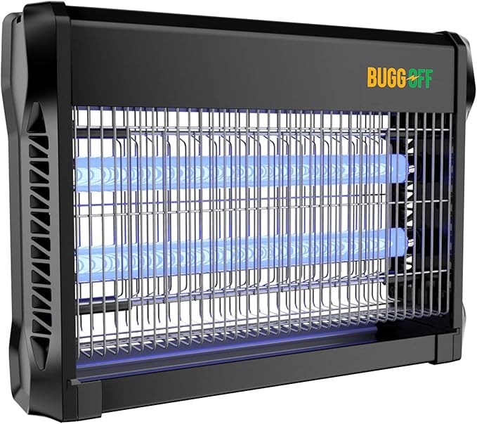 BUGGOFF Black Modern Indoor Electric Bug Zapper 800 SQFT Coverage 3500 Volts of Stunning Power 20 Watts Kills Mosquitos Gnats Flys &amp More. 5 Year Warranty X2 Free Replacment Bulb (4 Pack)