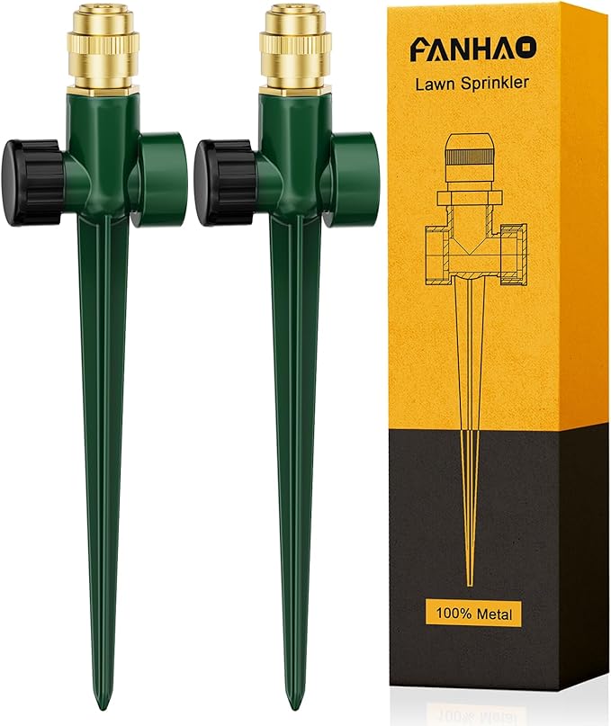 FANHAO 2 Pack Metal Lawn Sprinkler for Yard Automatic Garden Water Sprinkler on Spike Base Adjustable Irrigation System 360 Degree Large Area Coverage for Lawn Grass Patio Garden Irrigation