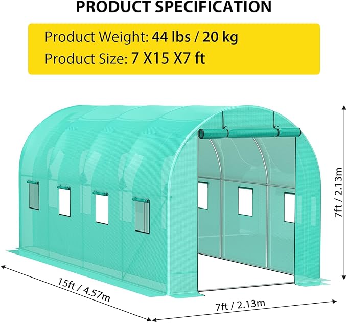 7*15*7FT Walk-in Greenhouse Portable Walking in Tunnel Tent Walking in Tunnel Tent with Galvanized Pipe 2 Roller Zippered Door &amp 8 Screen Windows Greenhouses for Outdoors (Bottom widening Desi