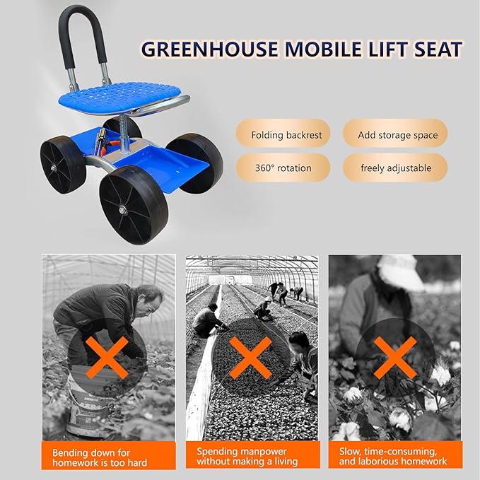 Auxiliary Gardening Chair with Wheels and Foldable backrest Used for Outdoor Vegetable Picking and Bending Assistance During car Maintenance (Foldable Four-Wheel Storage Model)