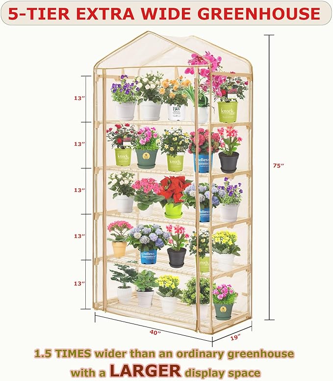 5 Tier Greenhouse with Grow Light Portable Greenhouse with Zippered PVC Cover for Seed Starting Trays  75'' H x 40'' W x 19'' D Plant Light for Indoor Plant with Timer(PLGH1005OWPT)