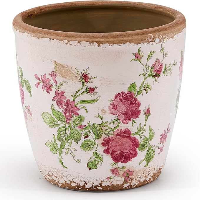 Vintage Ceramic Planter with Drainage Hole Plastic Tray &amp Mesh 6.5 Inch - Indoor/Outdoor Flower Pot Pink Floral Rustic Farmhouse Design Plant pot for Home Office &amp Garden Décor Ideal Gift