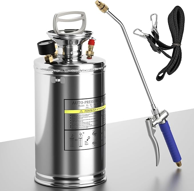 1 Gallon Hand Pump Sprayer 304 Stainless Steel Garden Chemical Sprayer with Pressure Gauge Adjustable Nozzle 13 Sprayer Wand 3.3ft Hose &amp Safety Valve