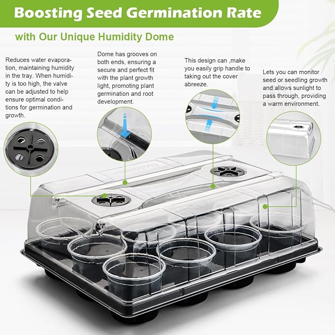 3 Pack 12 Cell Seed Starting Trays with Clear Domes and Growing Lights &amp 4 Inch Clear Seedling Pots 36 Pack Plant Nursery Faster Propagation Kit 3 Sets for Seeds Vegetables Herbs
