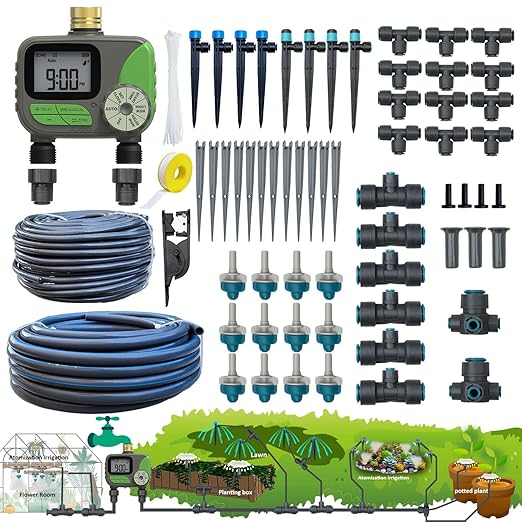 Drip Irrigation System with Water Timer(Dual System) Plug-in Quick Connection Drip Irrigation Kit 5/16“ID and 1/4 Inch Pipe Auto Watering System for Garden Spray Greenhouse Lawn Potted Plants