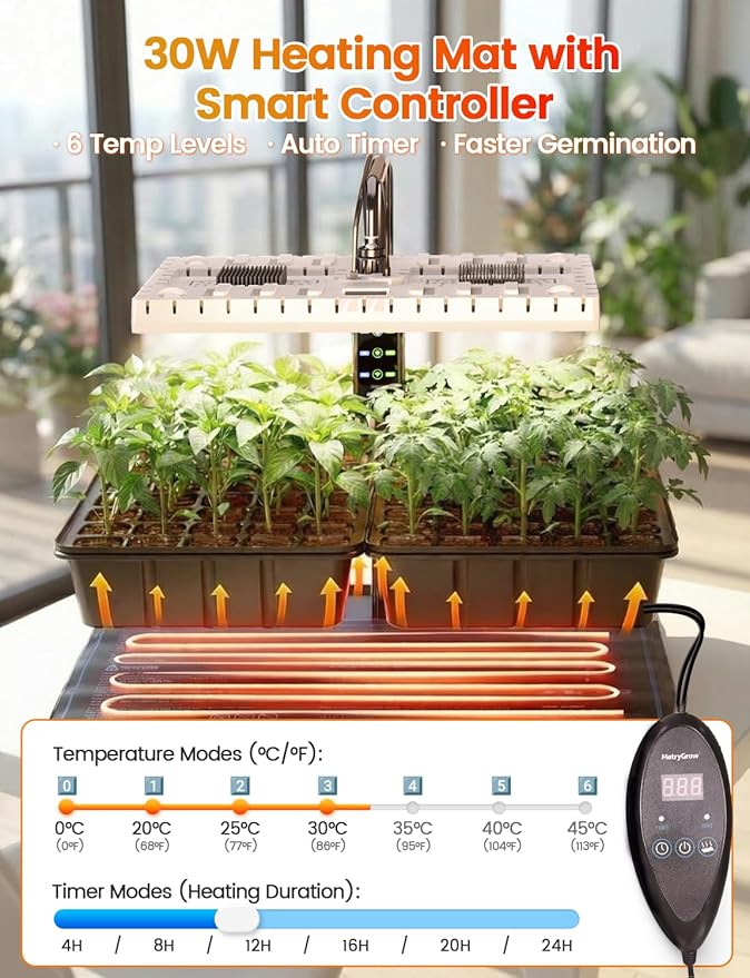 48W Full Spectrum LED Grow Light Seed Starter Kit 80-Cell Tray with 30W Heating Mat &amp Adjustable Dome Waterproof Germination System for Healthy Indoor Seedlings