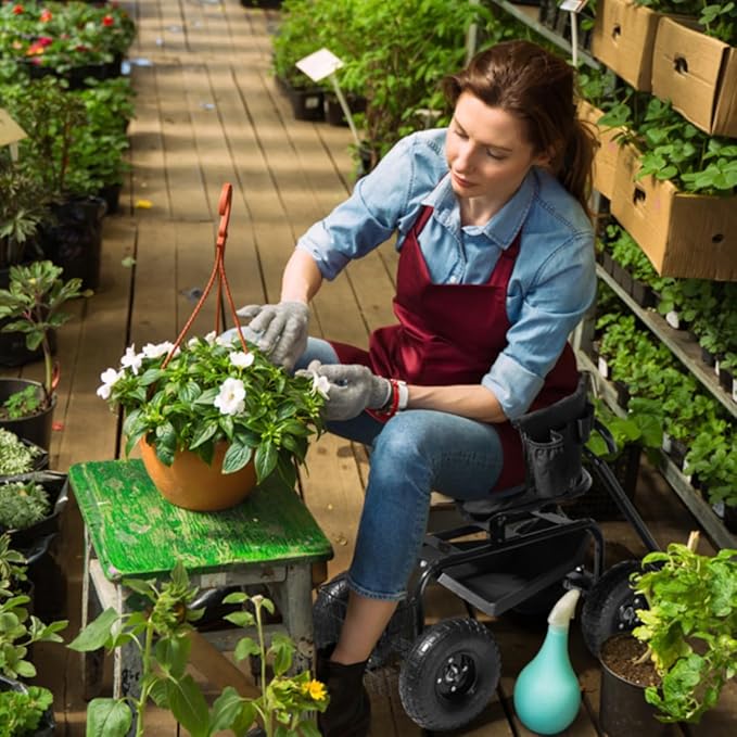 Rolling Garden Cart with Cushioned Backrest &amp Seat Outdoor Gardening Stool for Planting Garden Scooter with 360 Degree Swivel Seat &amp Steering Handle &amp Tool Tray (BackRest Seat+Handle Bla