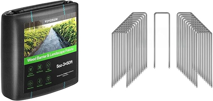 VIVOSUN Premium Weed Barrier Landscape Fabric Heavy Duty and 6 Inch 25-Pack Landscape Staples Galvanized Steel Garden Stakes 11 Gauge U-Shaped Pins for Weed Barrier Fabric Soaker Hose Holding Fenc