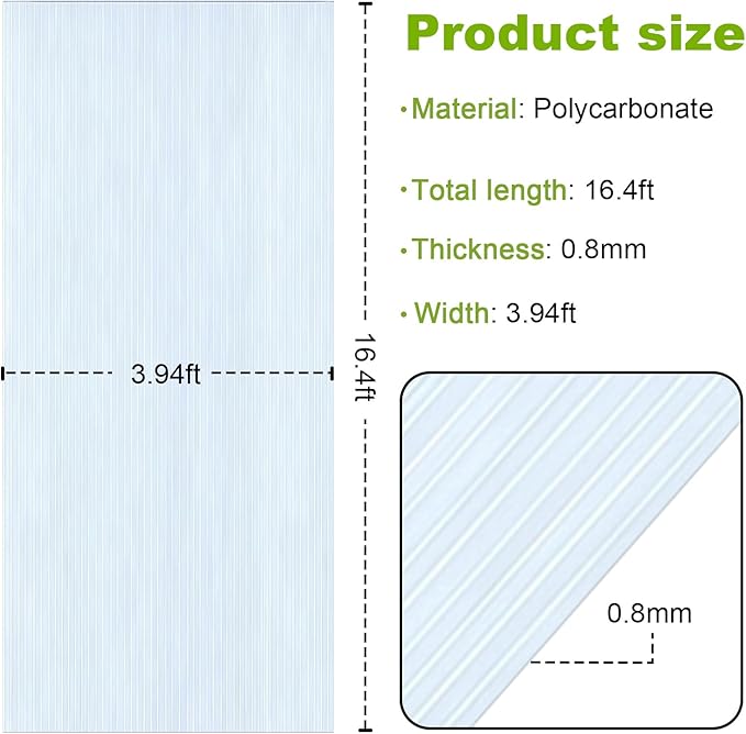 16.40ft×3.94ft Polycarbonate Roof Panels 0.8MM Thickness Resistant Rainproof Transparent Polycarbonate Greenhouse Panels Clear Plastic Roofing Sheets for Farming Gardening Courtyards Canopy Balcony