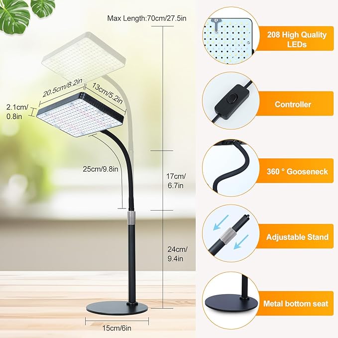 2026 Desk Grow Light Bright Full Spectrum Grow Lights for Indoor Plants Bonsai Seed Starting 4/8/12/16/20H Timer 25 Watt Power Draw NO Need Adapter 16-24 Height Adjustable