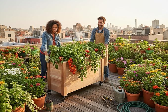 Tall Cedar Planter Box with Locking Wheels – Mobile Raised Garden Bed for Patio Balcony &amp Business Entrances – Wooden Planter with Brakes for Flowers Herb &amp Vegetable Plants (30 x 16.5 x 2