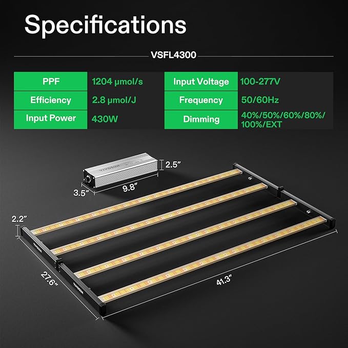 VIVOSUN VSFL4300 Bar LED Grow Light 430W 4 Bars Plant Grow Light Foldable &amp Dimmable Full Spectrum with UR/FR Light for Indoor Plants