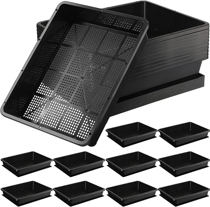 Aoriher 10 Set/20 pcs Mesh Bottom Trays and Trays mat Soil Blocking Trays Seed Starting Trays Plastic Seedling Starter Microgreen Growing Tray for Microgreen Plant Seed Tray 15 x 12 Inch