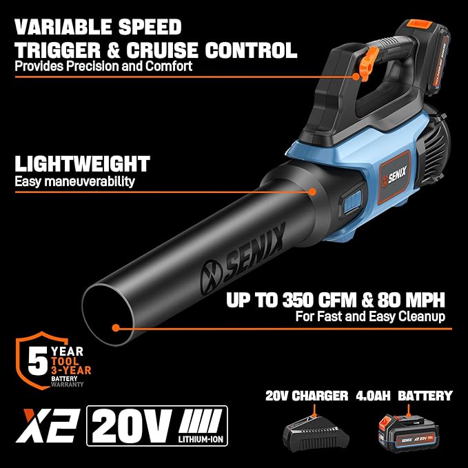 SENIX 20V Max Leaf Blower Cordless Brushless Handheld Up to 350 CFM and 80 MPH 2 Speed Mode Cruise Control Lightweight 4.0 Ah Battery and Charger Included (BLAX2-M)