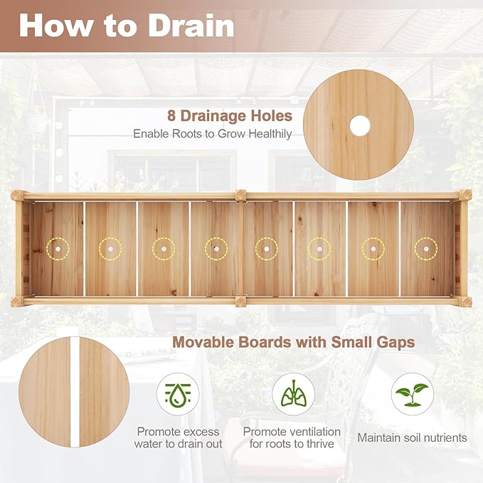 Giantex Wood Raised Garden Bed Planting Bed with Corner Drainage Non-Woven Liner for Growing Vegetables Flowers Herbs Fruits 89”x23.5”x16” Divisible Planter Box for Backyard Garden Lawn