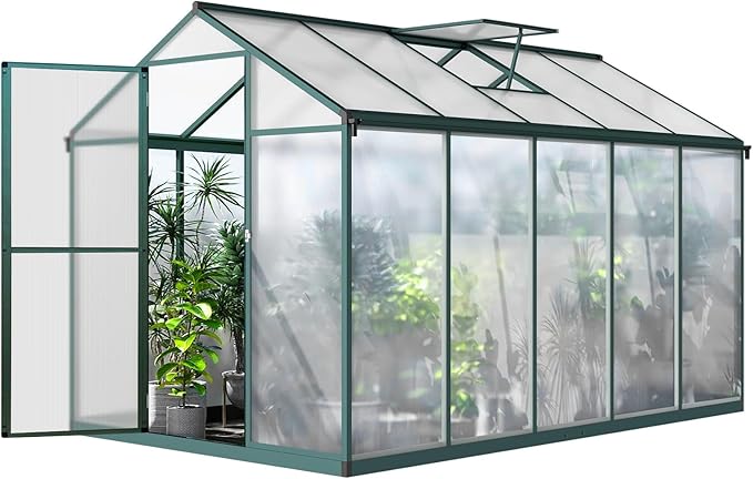 Greenhouse for Outdoors Polycarbonate Greenhouse with Quick Setup Structure and Roof Vent Aluminum Large Walk-in Greenhouse for Outside Garden Backyard (Green 10'D x 6.25'W)