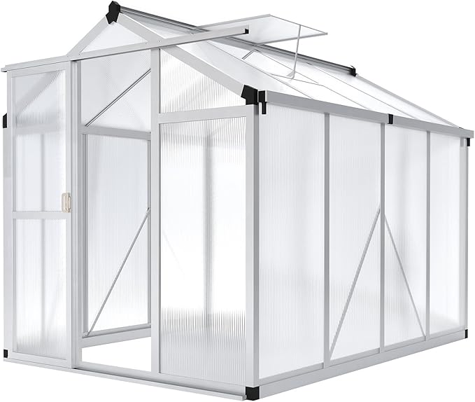 6x8 FT Greenhouse - Large Aluminum Greenhouses for Outdoors Heavy Duty Polycarbonate Greenhouse with Roof Vent&ampGround Nails Walk-in Green Houses for Garden Backyard Patio Easy Assembly