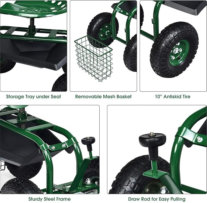 GRAFFY Garden Cart w/Wheels Mobile Rolling Work Seat w/Tool Tray and Basket Lawn Wagon Cart with Rotating and Adjustable Seat Patio Yard Stool Cart Green