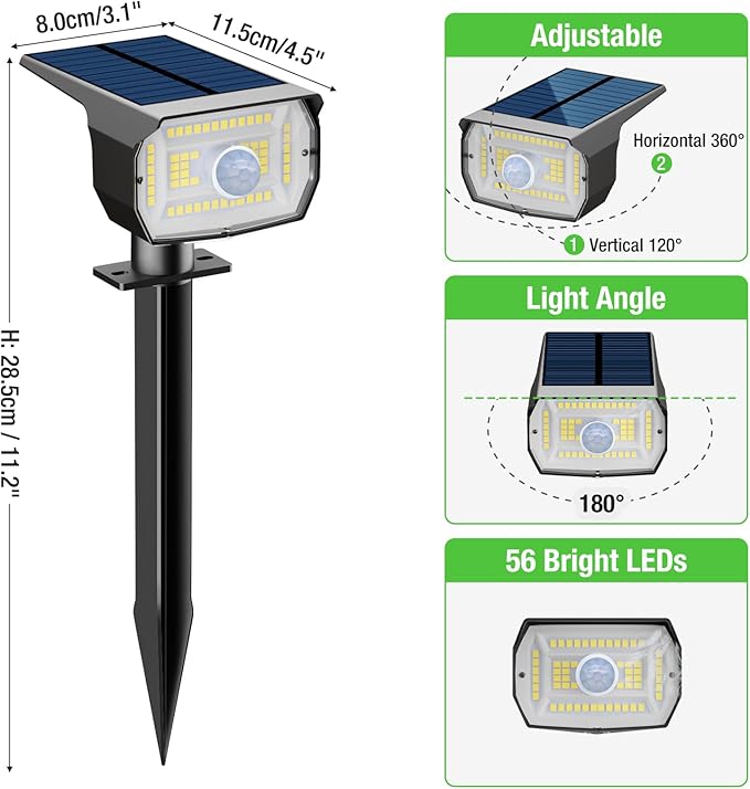 Solar Spot Lights Outdoor Motion Sensor with 3 Modes [ 4 Pack/56 LED ] Solar Spotlights Outdoor Waterproof 2-in-1 Auto On/Off Landscape Lighting for Outside Yard Wall Garden Pathway Warm White