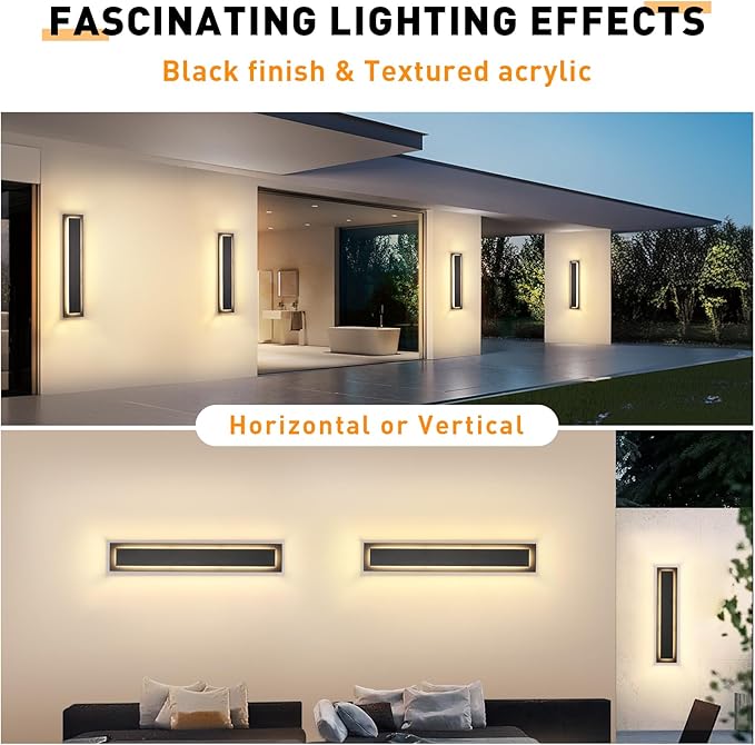 Modern Outdoor Wall Lights -𝟐𝟒 𝐈𝐍 Long Exterior Lighting FixturesBlack LED Outdoor Wall Sconce Use for HousePorchGarageFront Door PatioIP65 Waterproof3000K Warm White24W2 Packs