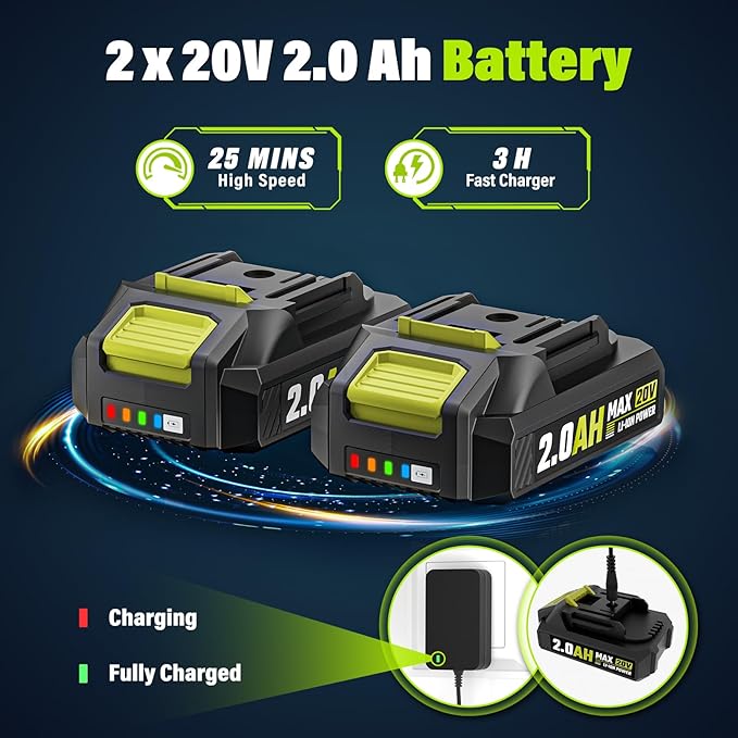 SEYVUM Leaf Blower 20V Cordless Blower with 2 x 2.0Ah Battery Electric Leaf Blowers for Lawn Care 350 CFM 150 MPH Battery Powered Leaf Blower for Patio Garden Cleaning Fast Charger Lemon Green