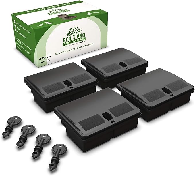 Mouse Bait Station | 4-Pack Indoor &amp Outdoor Mouse Bait Stations | Bait (Not Included) is Secured by Lock &amp Key | Pet &amp Child-Safe Alternative to Mouse Traps | for Mice Only - Small Size