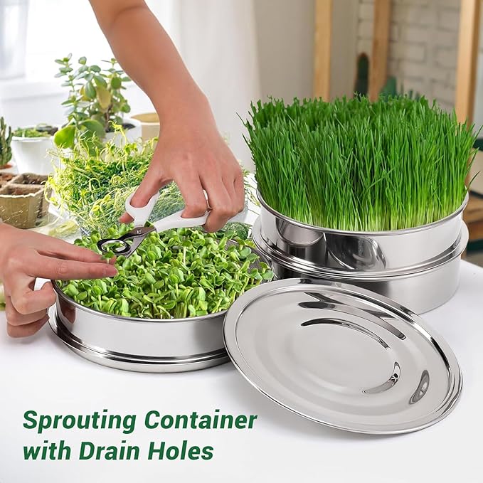 AUNMAS Seed Sprouting Kit Sprout Grower Kit with Lid Base for Home Gardening Beans Peas 6.7in Stainless Steel Mesh (4 Tier)
