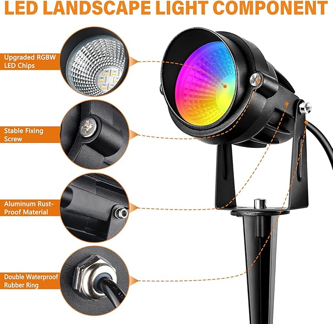 Low Voltage RGBW LED Landscape Lights Spot Lights Outdoor for Yard Garden Decor Spotlight 12V-24V Low Voltage Landscape Lighting with 16 Color Changing and Remote IP68 Waterproof (6)
