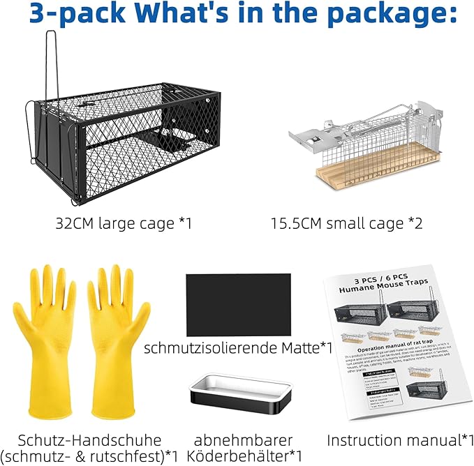 Humane Rat Traps - Large 12.5 Inches Upgraded Mouse Trap for Outdoors &amp Indoors - Reusable Rat Trap Cage for Mouse and Small Animals - Effective Quick Simple to Use (3-Pack)