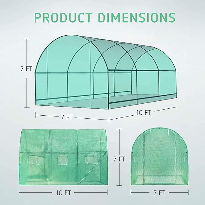 VIVOSUN 10x7x7 Ft. Large Walk in Greenhouse and 6 Inch 50-Pack Garden Stakes Galvanized Steel Landscape Staples 11 Gauge U-Shaped Pins for Weed Barrier Fabric Ground Cover Soaker Hose