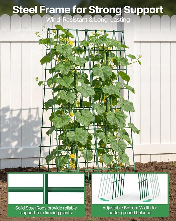 Suteck A-Frame Cucumber Trellis 59.4 2 Pack - Metal Garden Trellis for Cucumbers Peas Beans &amp Climbing Plants Foldable Outdoor &amp Indoor Vegetable Support for Raised Beds Patios &amp Back