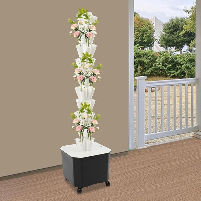 10 Tier Hydroponic Growing Tower 50-Pod Vertical Garden Kit with 12V Water Pump &amp 11.9Gal Tank Indoor/Outdoor Herb Vegetable Planter (White)