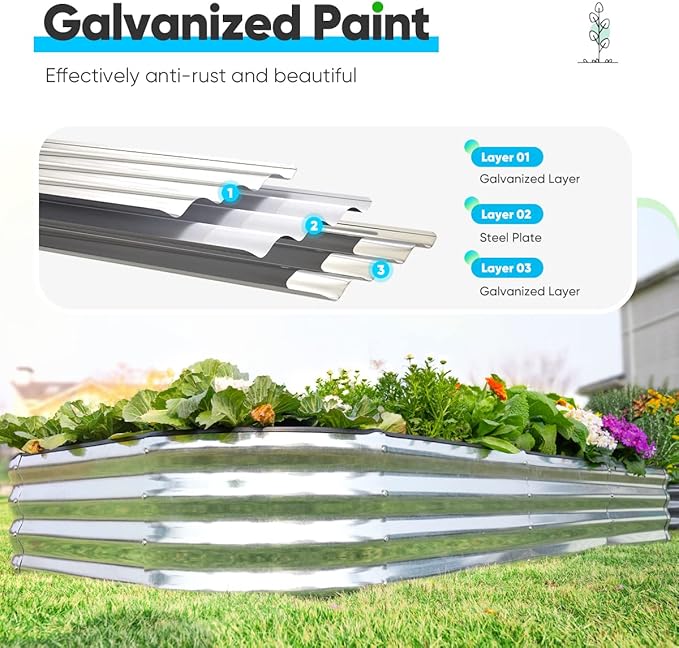 Quictent Galvanized Raised Garden Bed Kit 8x4x1 ft Oval Metal Planter Box for Vegetables Rubber Strip Edging Included (Silver)