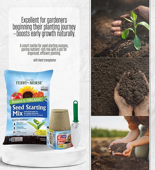 Ferry-Morse Organic Flower and Vegetable Seed Starting Mix 8 qt Bundle with Seed Starting Peat Pots &amp Hand Transplanter – Nurtures Strong Roots and Healthy Seedlings – Gift Set (5 Items)