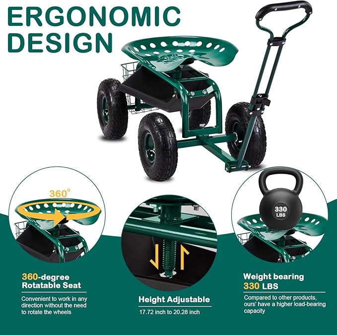 Vasitelan Rolling Garden Work Seat with WheelsGardening Stool for Planting 360 Degree Swivel Seat Garden Scooter with Steering Handle &amp Tool Tray (Green)