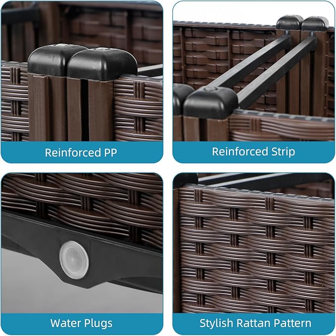 Rattan Raised Garden Bed with Legs-Rectangular Elevated Deep Planters for Outdoor Plants Self Watering Planter Box 32L x 16W x 20H Rectangular Deep Garden Bed for Vegetables Flowers Herbs