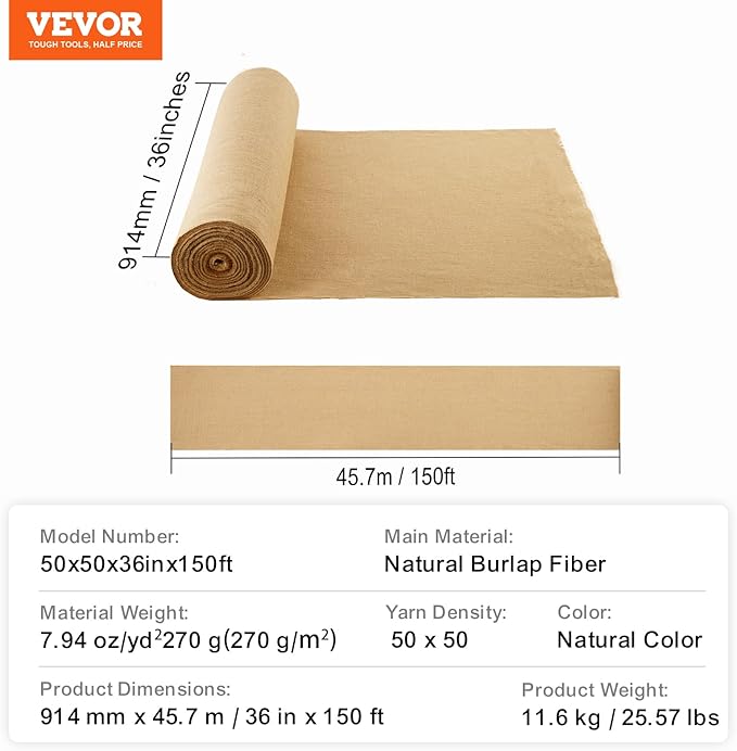 VEVOR Burlap Fabric Roll 36” x 150 ft &amp 45 x 45 High Density Wide Natural Burlap Fabric Rolls Jute Fabric Burlap Tree Wrap Roll for Decor Crafts Wedding Gardening Plant &amp Tree Winter Co