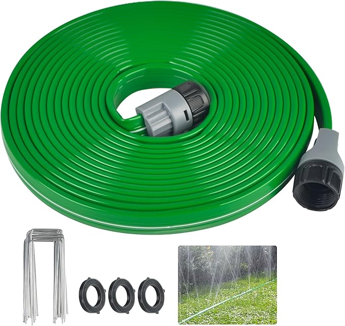 prinkler Soaker Hose for Yard 50 FT with Holes Flat Garden Soaker Hose with Staples Heavy Duty No-Kink Drip Hose Sprinkler Watering Drip Irrigation Hoses for Lawn Vegetable Garden Watering System