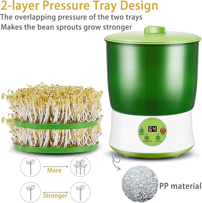 Bean Sprouts Machine Seed Sprouter Kits LED Display Time Intelligent Automatic Bean Sprouts Maker 2 Layers Function Large Capacity Seed Grow Also for Radish Alfalfa Wheatgrass Broccoli Sprouts