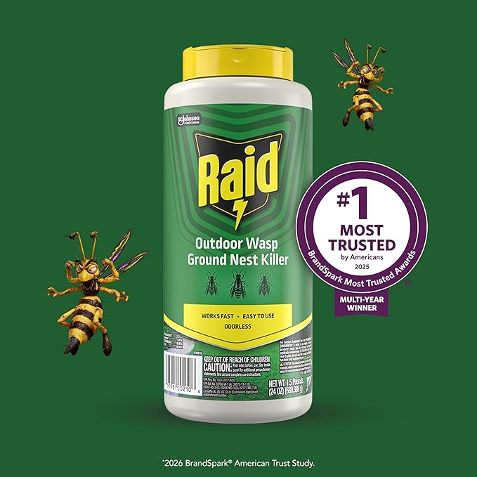 Raid Outdoor Wasp Ground Nest Killer Dust Insecticide for Outside Household Use on Wasps Fast-Working Easy-to-Use and Odorless 24 oz