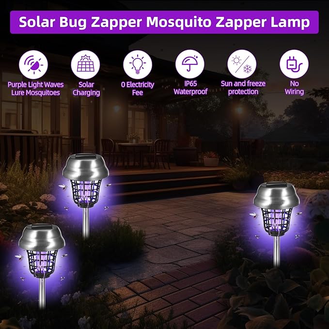 4 Packs Bug Zapper Outdoor Solar Mosquito Zapper OutdoorMosquito Trap Light Used to Repel Gnat Small Flying InsectWaterproof Bug Zapper for OutsideSolar Fly Zapper for Yard Garden Farm