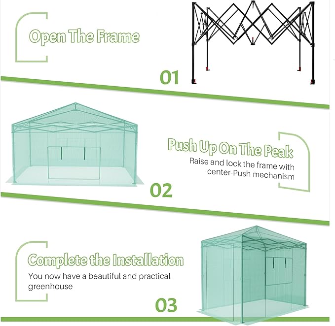 Greesum 8x6 FT Portable Pop-up Greenhouse with Center Lock PE Cover Zippered Door and 2 Roll-up Windows Easy Assemble(Green)