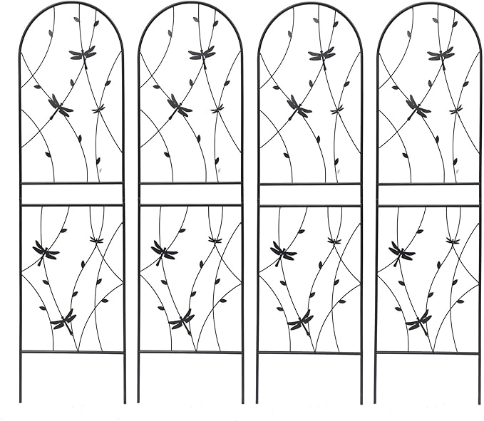 2/4 Pack Metal Garden Trellis for Climbing Plants Outdoor Flower Support Black with Dragonfly Deco Plant Support for Garden Patio Practical(4 Pack-H71'')