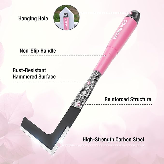 WORKPRO 6-Piece Pink Garden Tool Set Heavy Duty Gardening Hand Tools with Soft Rubber Handle Including Trowel Rakes 2-in-1 Hoe and Crack Weeder Ideal Gardening Gifts for Men and Women