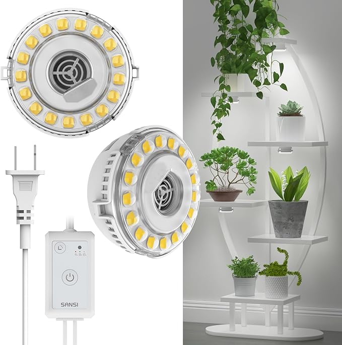 SANSI Puck Grow Light LED Plant Light for Indoor Plants Full Spectrum Grow Lamp 10W (150 Watt Equiv) Small Hanging Plant Lamp with Timer Auto On Off 4 8 12 Hrs 4-Level Dimmable for Plant Shelf